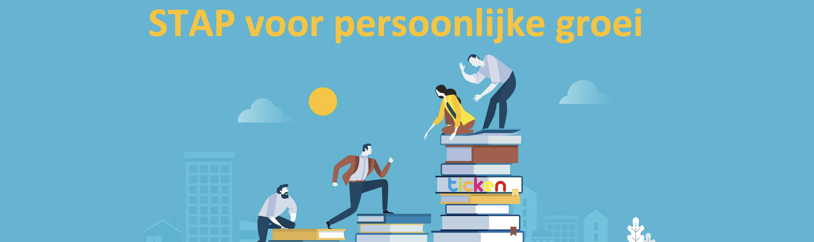 personen beklimmen steeds hoger wordende boekenstapel en beelden daarmee uit dat je met STAP en de TICKEN typecursus en overige opleidingen aan persoonlijke groei werkt.